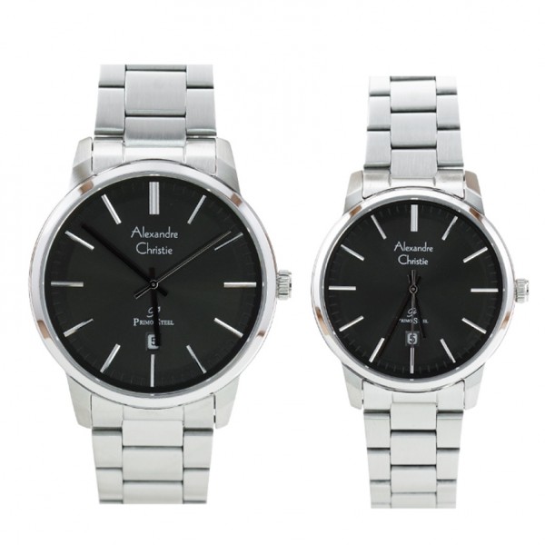 Alexandre Christie AC 1030 Silver Black Steel Couple